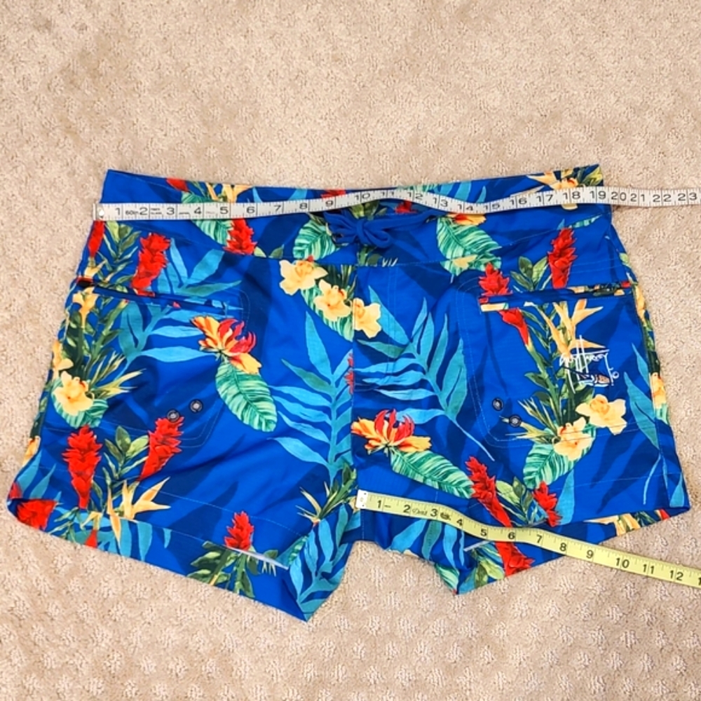 Guy Harvey Board Shorts Tropical Parrot Blue Red Floral Beach 4" Size 12 - Picture 4 of 6